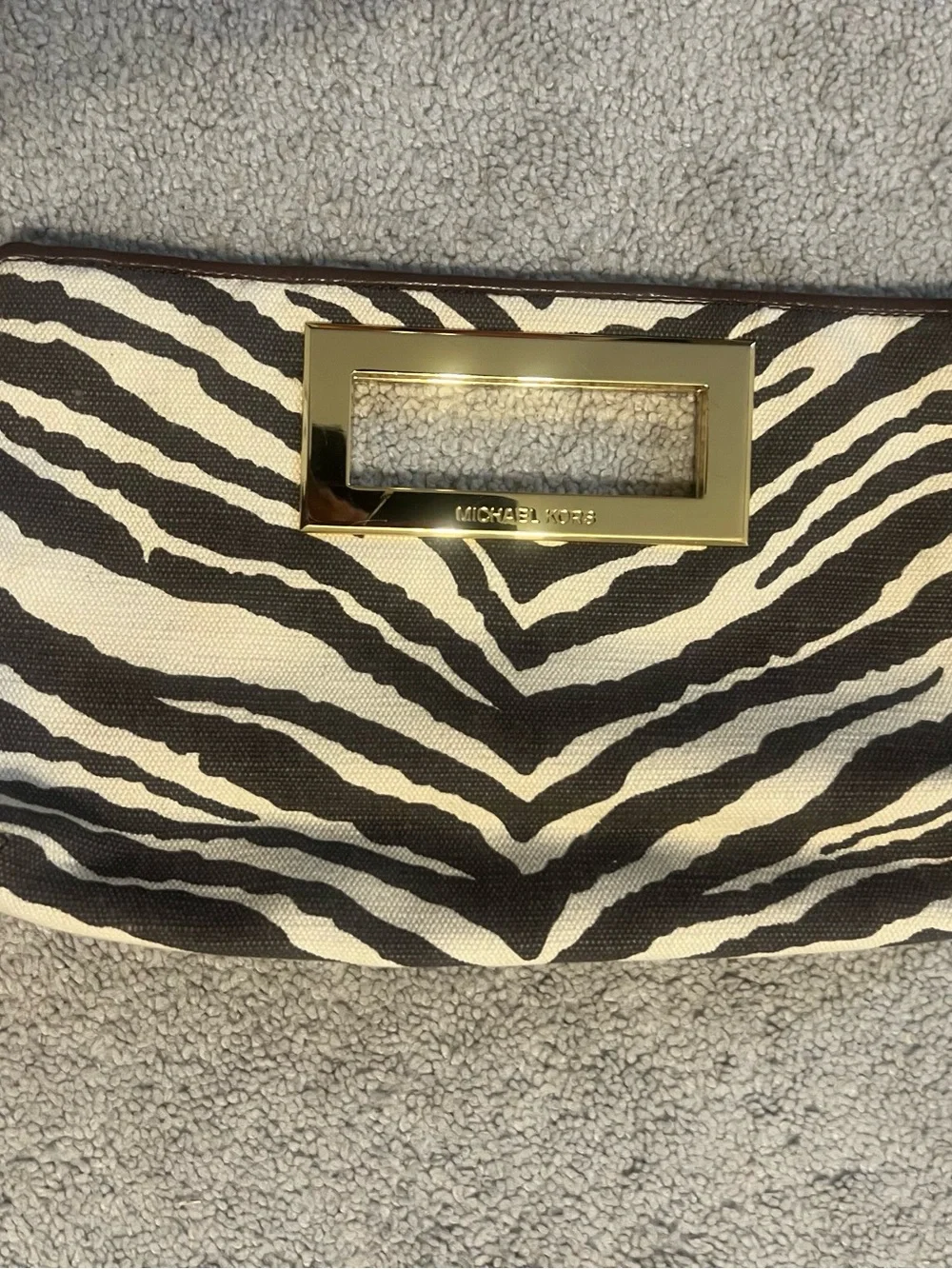Michael Kors Black and Cream Zebra Print Canvas Clutch with Gold Hardware
